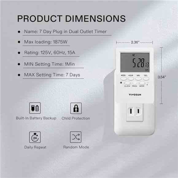 7 Day Programmable Digital Timer with Dual Outlet, Countdown Setting (2 Pack) - Picture 3 of 6